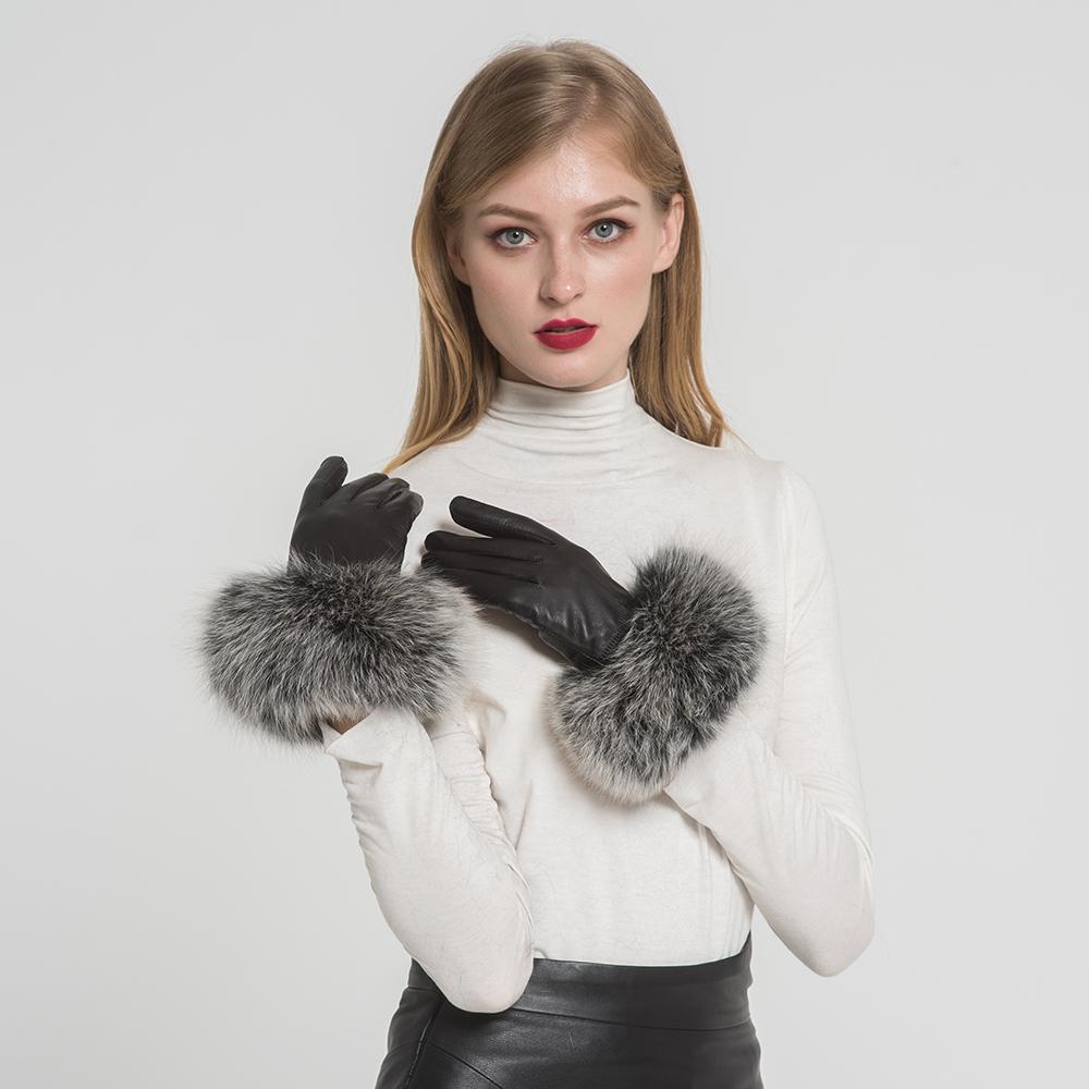 2023 Fashion Outdoor Driving Winter Real Sheepskin Leather Fox Fur Gloves Women