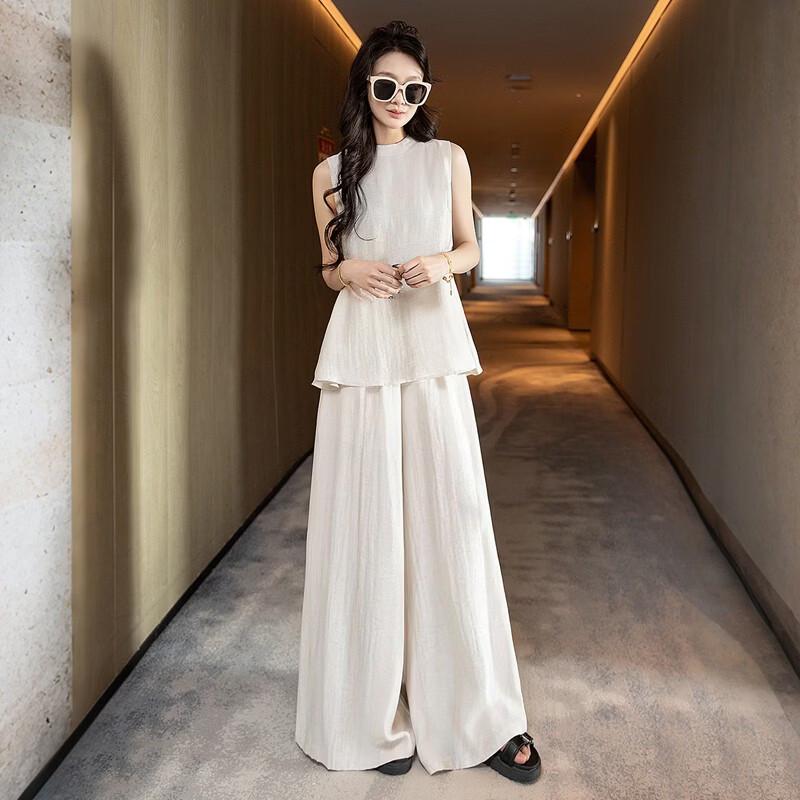 Женский комплект из смешанного льна: свободный топ и брюки клеш