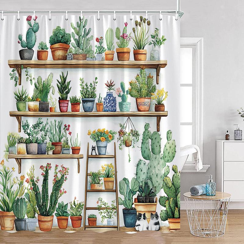 Шторка для душа с растениями Кошки Зеленые комнатные растения Листья Кот на унитазе Современный декор для ванной комнаты Полиэстеровая ткань Занавеска для ванны