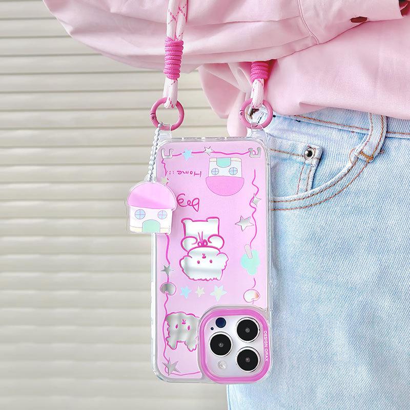 Чехол Zhitai Cartoon Mirror для iPhone 16 Pro/13 Pro Max/14 Pro Max со шнурком