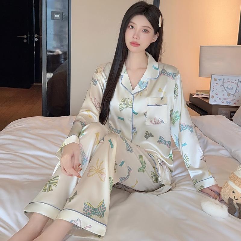 Fengbing Silk Women'S Pajamas Long Sleeve Spring And Autumn Bow Homewear Set