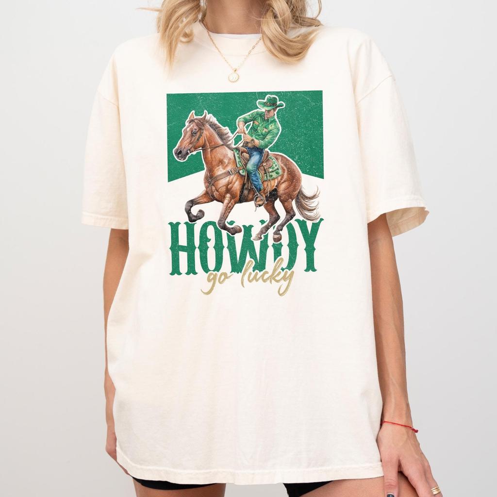 Comfort ColorsR Howdy Go Lucky Shirt Retro St Patricks Day Tee Lucky Cowboy Hors