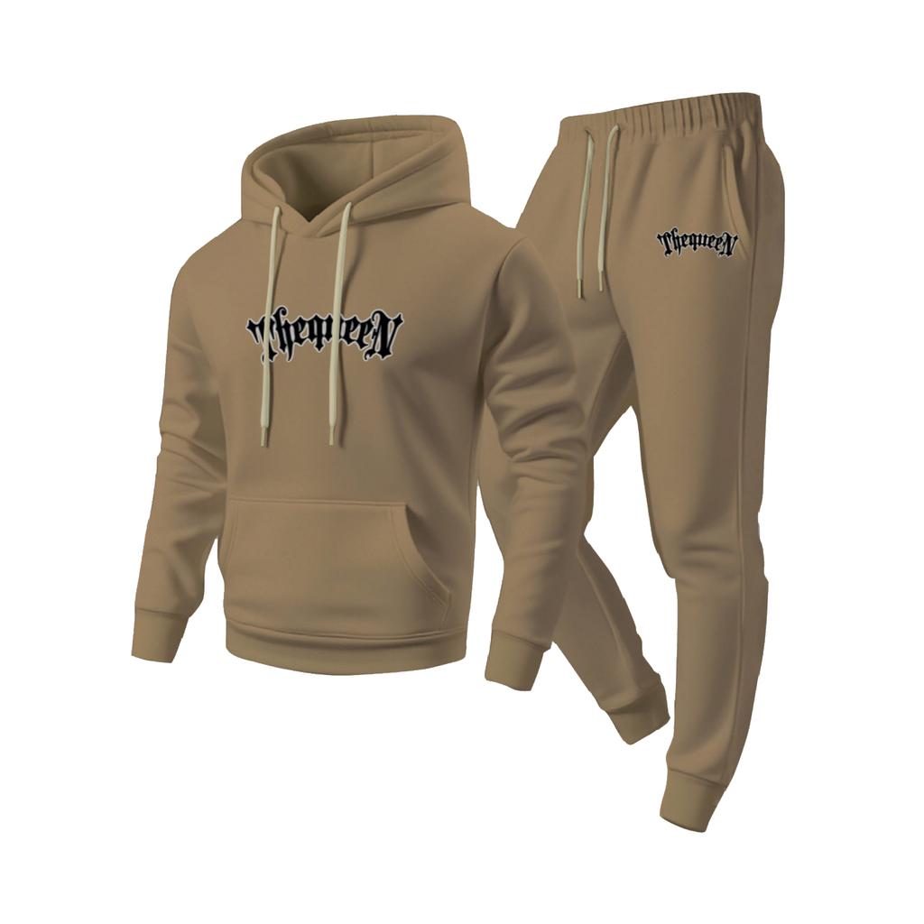 Men's Casual Solid Color Letter-printed Sweatshirt Set, Men's Fleece Hooded Drawstring Sweatshirt And Sweatpants Two-piece Set