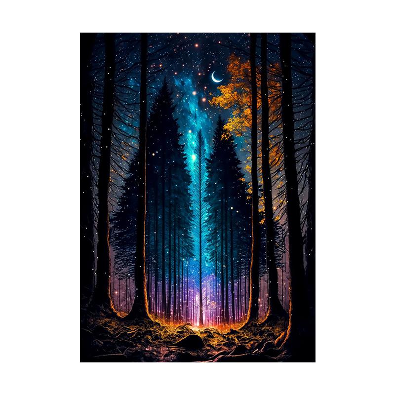 Fantasy Magic Midnight Painting Canvas Print Wall Art Poster Dreamy Forest Starry Picture for Living Room Home Decor Cuadros