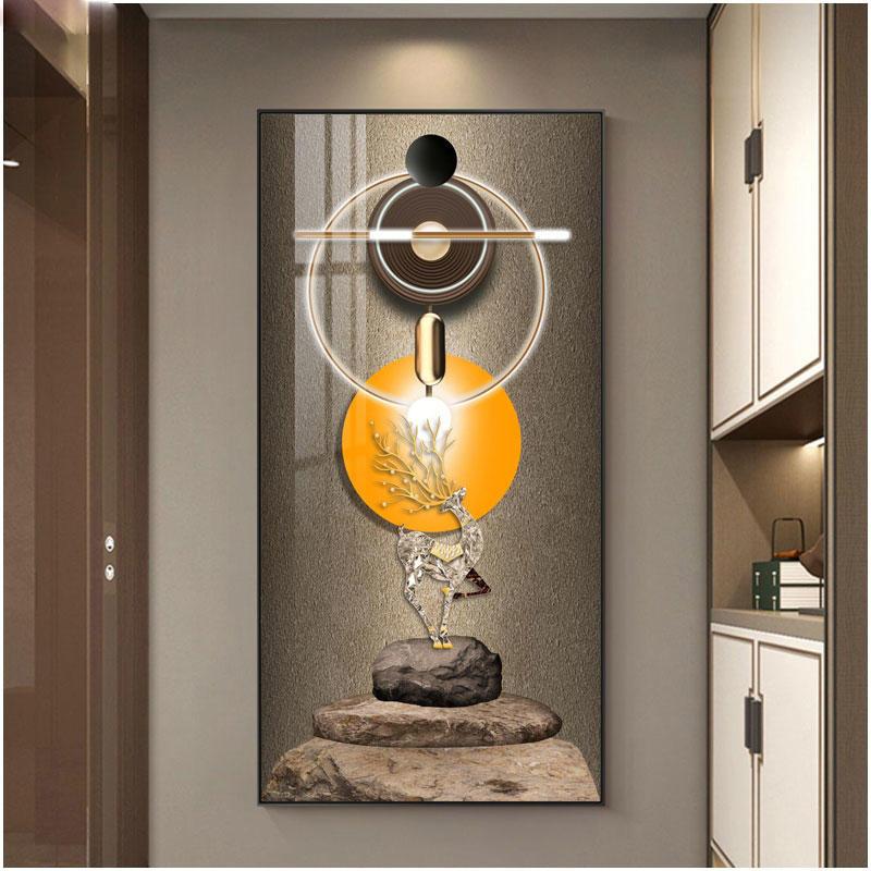 Abstract Fengshui Golden Zen Stone Canvas Painting Golden Moon Deer Wall Art Rich Tree Posters for Porch Wall Decor No Frame