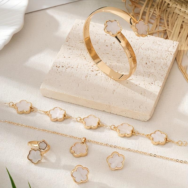 1set Radiant Lucky Flower Jewelry Set Sparkling Earrings, Necklace, Bracelet, Bangle & Ring - Fashion-Forward Alloy Ensemble for Women - Perfect Gift
