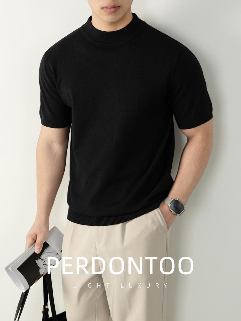 Итальянская легкая роскошь Мужская шерстяная короткорукавная вязаная футболка с высоким воротником для поездок на работу и повседневной носки Осень/Зима