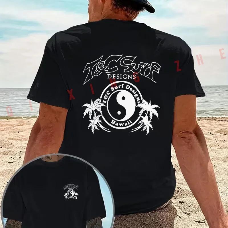 Yin Yang Tai Chi Palm Tree Surfing Style Motorcycle T-Shirt Double-Sided Print Men Short Sleeve Summer Casual Tops Tee