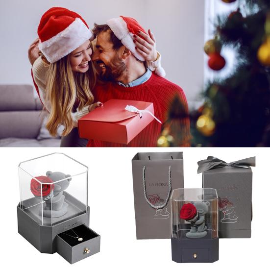 Флокированные фигурки медвежат с сохраненной розой Вечная роза с подарочной коробкой Романтический подарок для девушки жены на День святого Валентина, годовщину