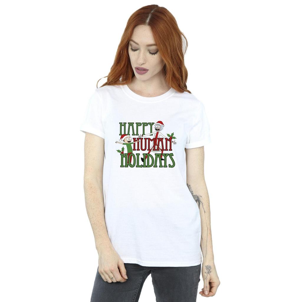 Rick And Morty Womens/Ladies Happy Human Holidays Cotton Boyfriend T-Shirt