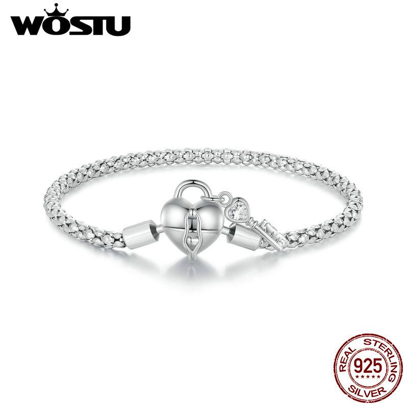 WOSTU Solid 925 Silver Heart Lock Key Basic Chain Bangle Bracelet For DIY Charm Beads Snake Chain Links Jewelry Gift