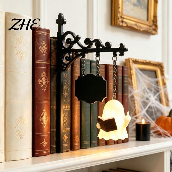 Vintage Style Hanging Lantern Library Bookshelf Lamp, Metal LED Nightlight for Book Nook Decor, Gothic Home Decor Ghost Reading Book/Wearing