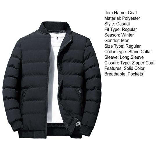 Men Jacket Cotton Padded Long Sleeve Solid Color Stand Collar Coldproof Winter Coat Baseball Jacket Streetwear