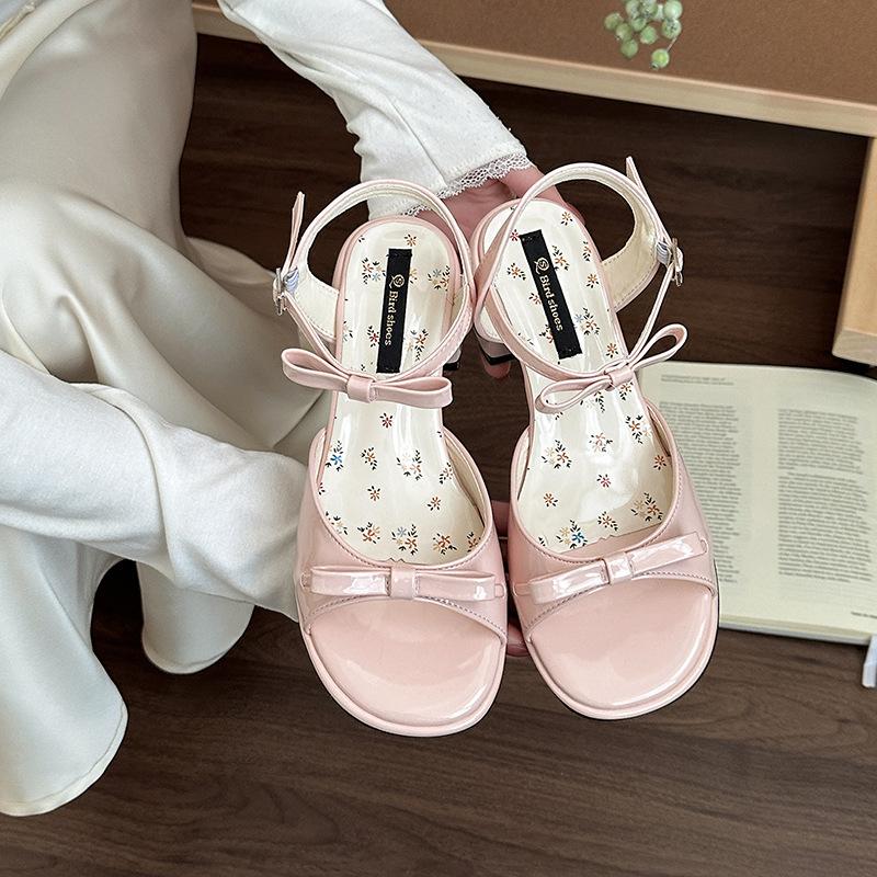 Модные босоножки на высоком каблуке в стиле феи с французским бантом и толстым каблуком, женские, летние новинки 2025 года с юбкой