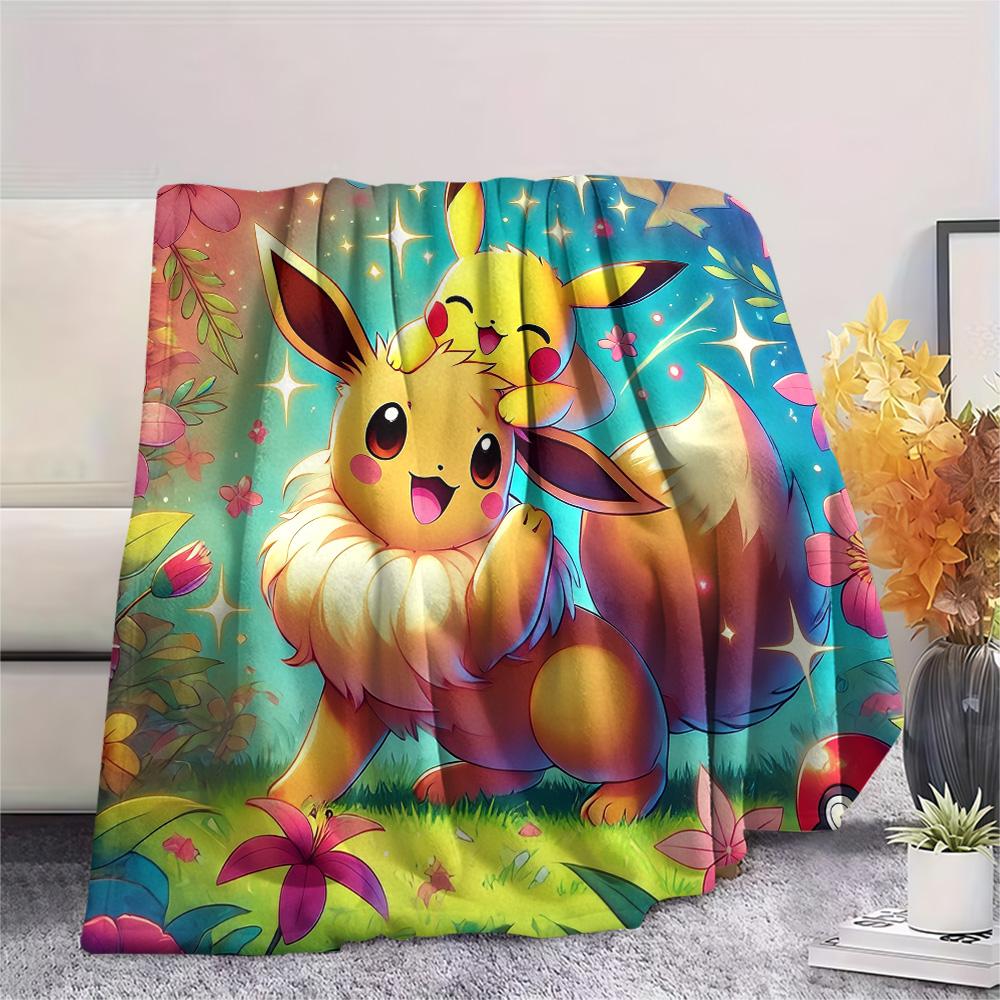 Pikachu and Eevee Print Flannel Blanket, High quality Comfortable for All Seasons, Home Decor, Warmth and Comfort