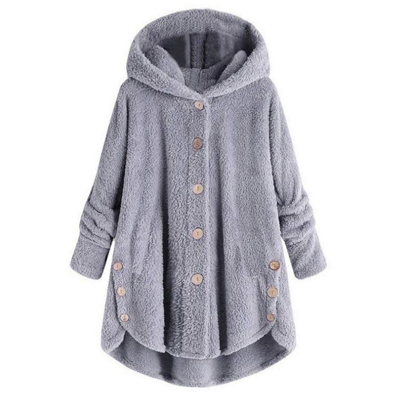 Women's Coat Button Plush Solid Color Hooded Jacket
