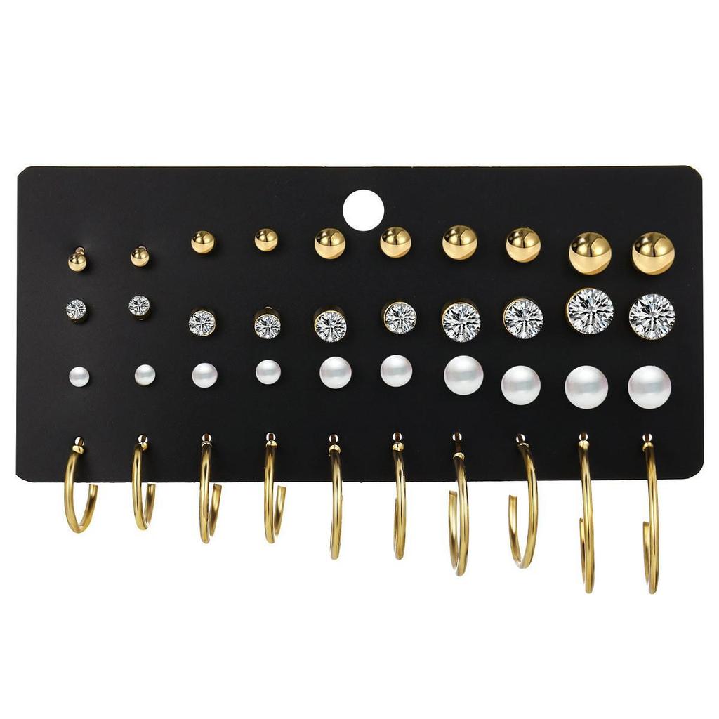 12-Piece Retro Pearl Stud Earring Set: European & American Minimalist Three-Color Collection