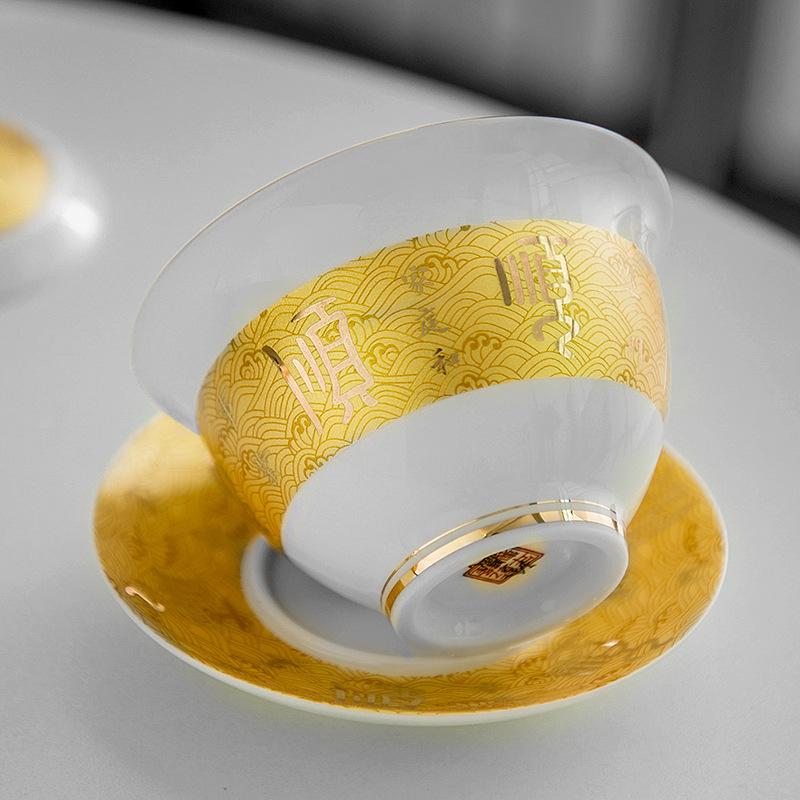 Jade Ceramic with Enamel Color, Palace Style, Household and Office Tea Set, Large Three-Talent Gaiwan