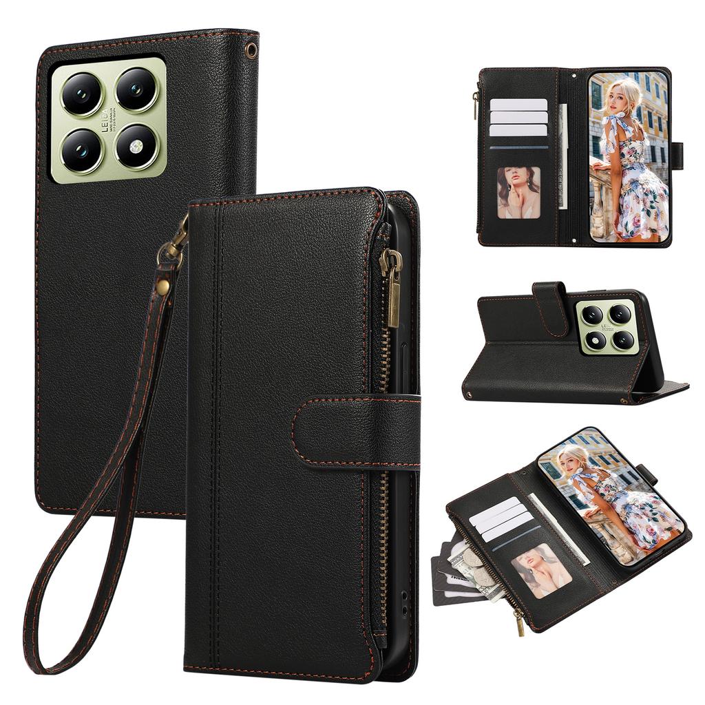 For Xiaomi 14T Case Multi Card Slots Zipper Leather Phone Cover with Wrist Strap