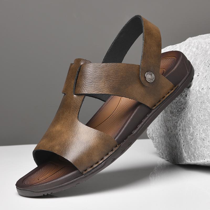 Модные летние новые сандалии, модные универсальные мужские сандалии из натуральной кожи для мужчин, мокасины с круглым носком, легкие удобные пляжные туфли на плоской подошве