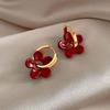 Vintage Red Glazed Flower Hoop Earrings for Women Girls 2024 New Trendy Design Petal Temperament Earrings Zircon