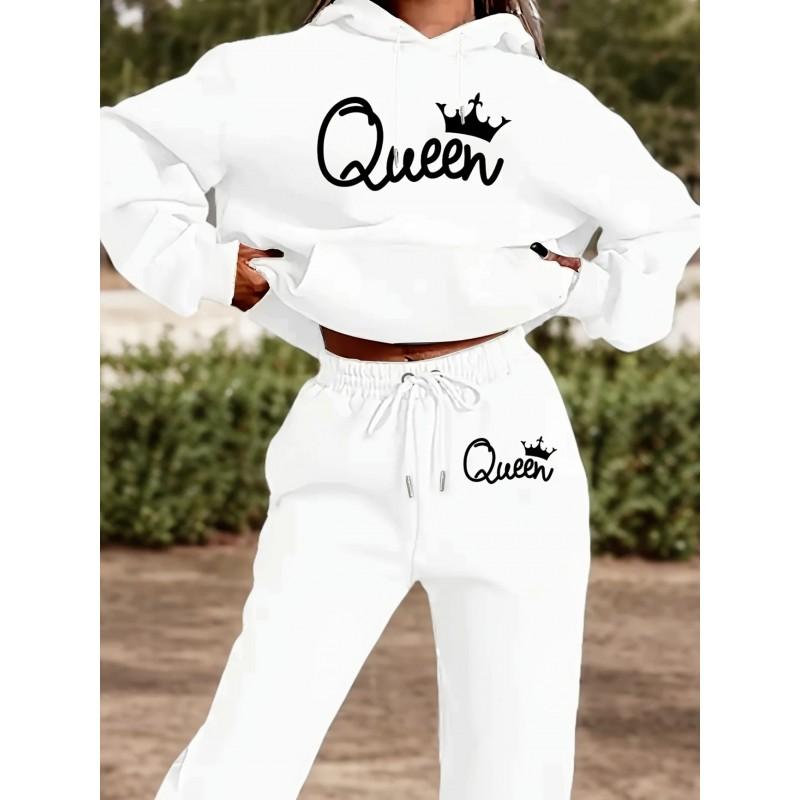 Womens Casual Hooded Sweatshirt Loose Pants Set With Letter Print Winter Wear