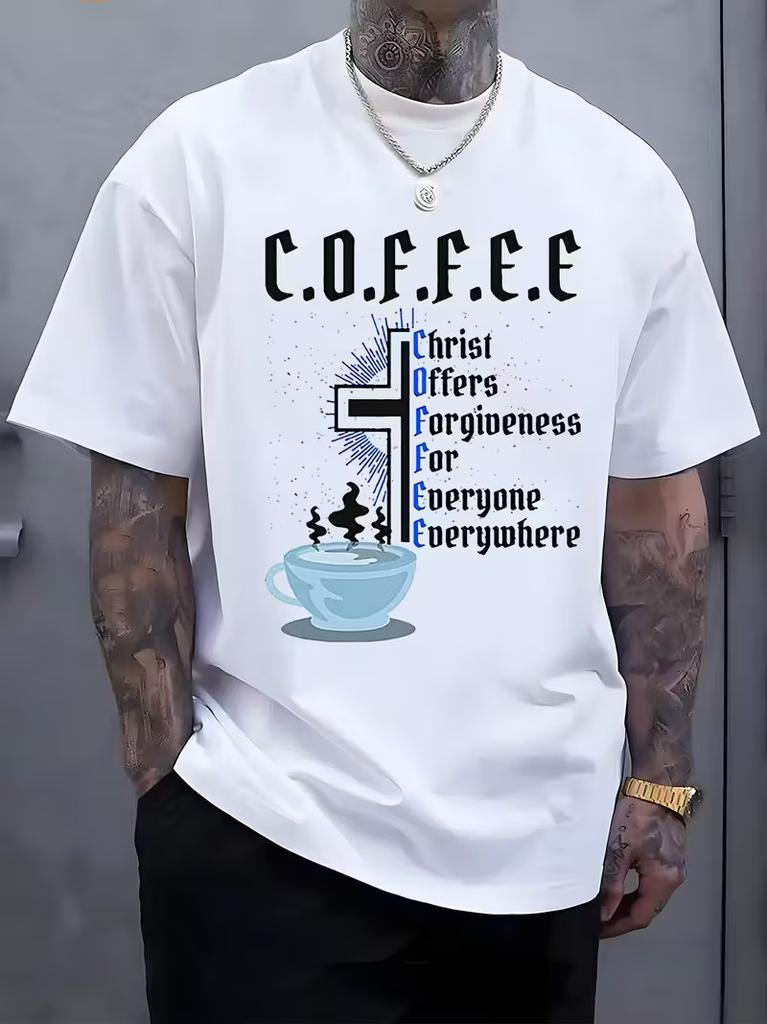Men'S Top Featuring a Coffee-Themed Graphic, Casual Short-Sleeve Round-Neck T-Sh