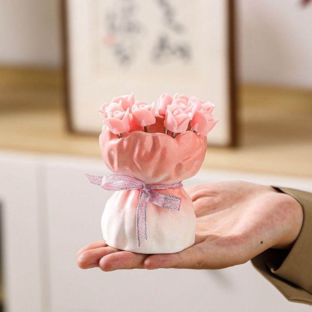 Rose Ceramic Fruit Forks Set Creative Household Ceramic Fruit Forks Receipt Jar Decorative Ins Style