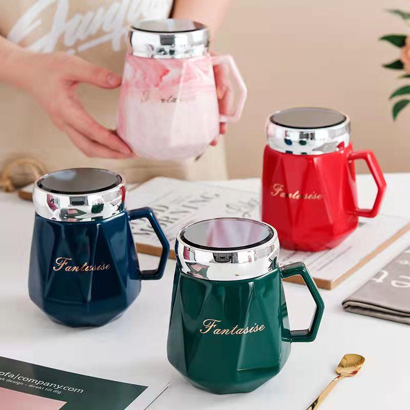 Lavender Cartoon Ceramic Water Mug with Cover,Mirror Seal Leakproof Mug Fashion Cup Milk Juice Cup Home Office Drinkware 500ml