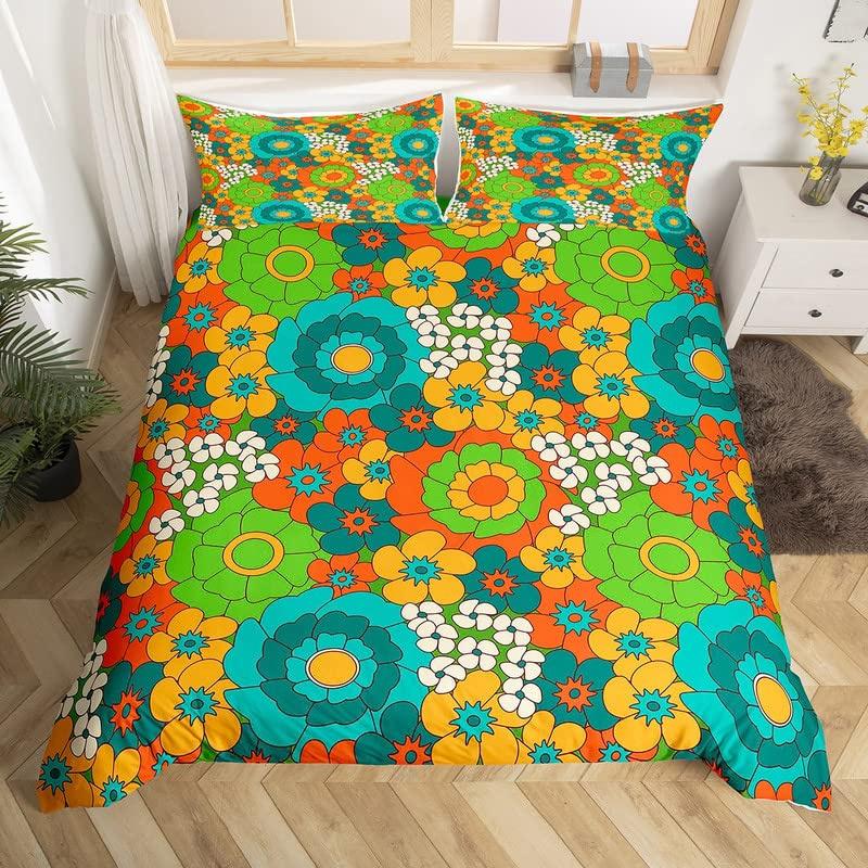 Retro 70s Hippie Style Duvet Cover Queen Microfiber Psychedelic Mushroom Bedding Set Room Decor Gifts Rainbow Floral Quilt Cover