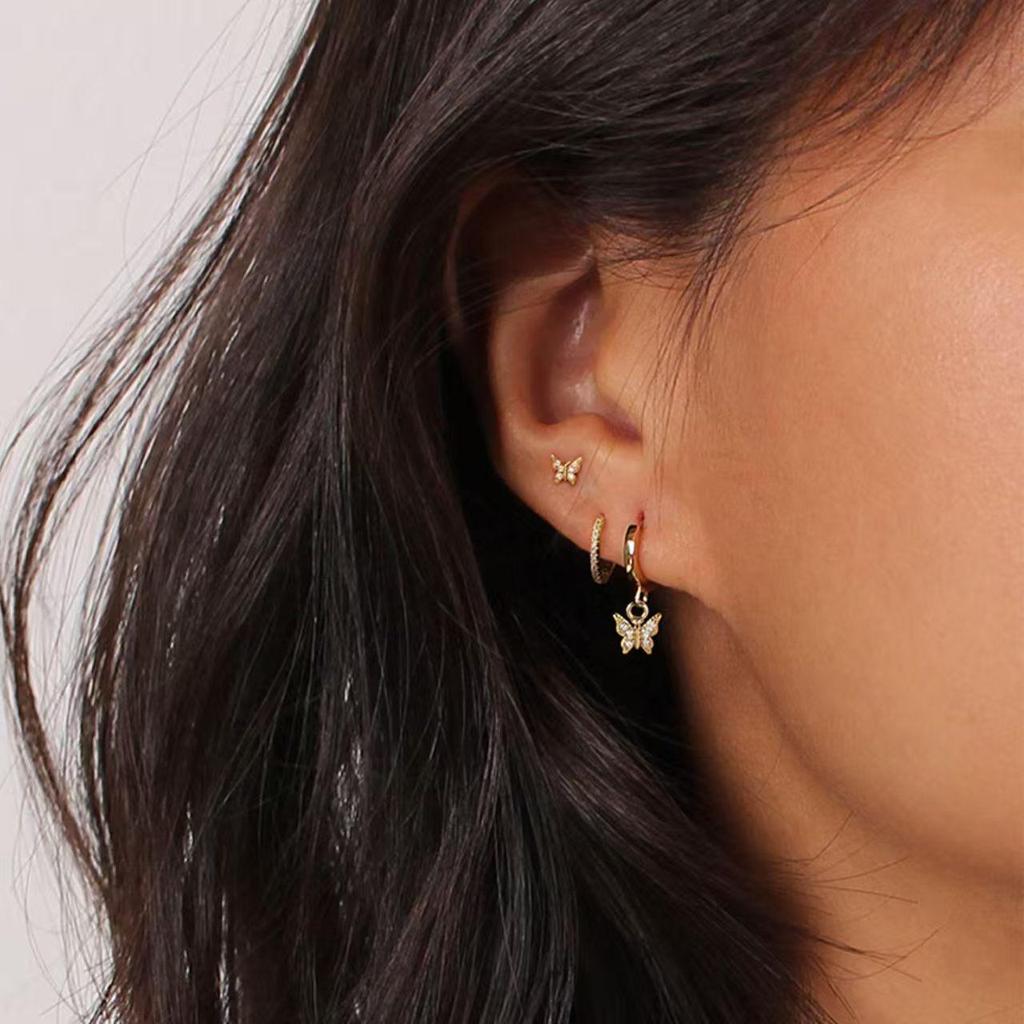 High-End Luxury Copper Zircon Butterfly Stud & Ear Cuff Set for Women