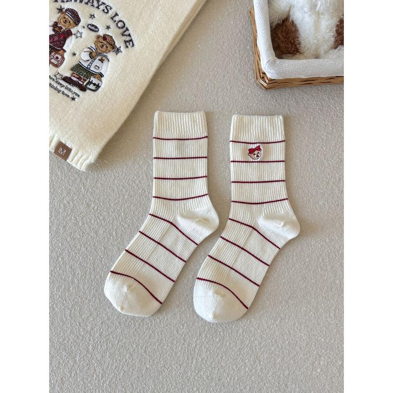Женские осенне-зимние теплые простые и универсальные полосатые бесшовные милые мультяшные носки средней длины из микропрессованной шерсти