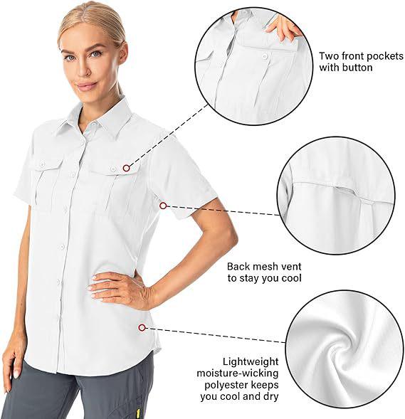 Женская летняя рубашка 2026 с коротким рукавом, быстросохнущая - Однотонная, с нагрудным карманом, дышащая, повседневная, для активного отдыха, европейский и американский стиль