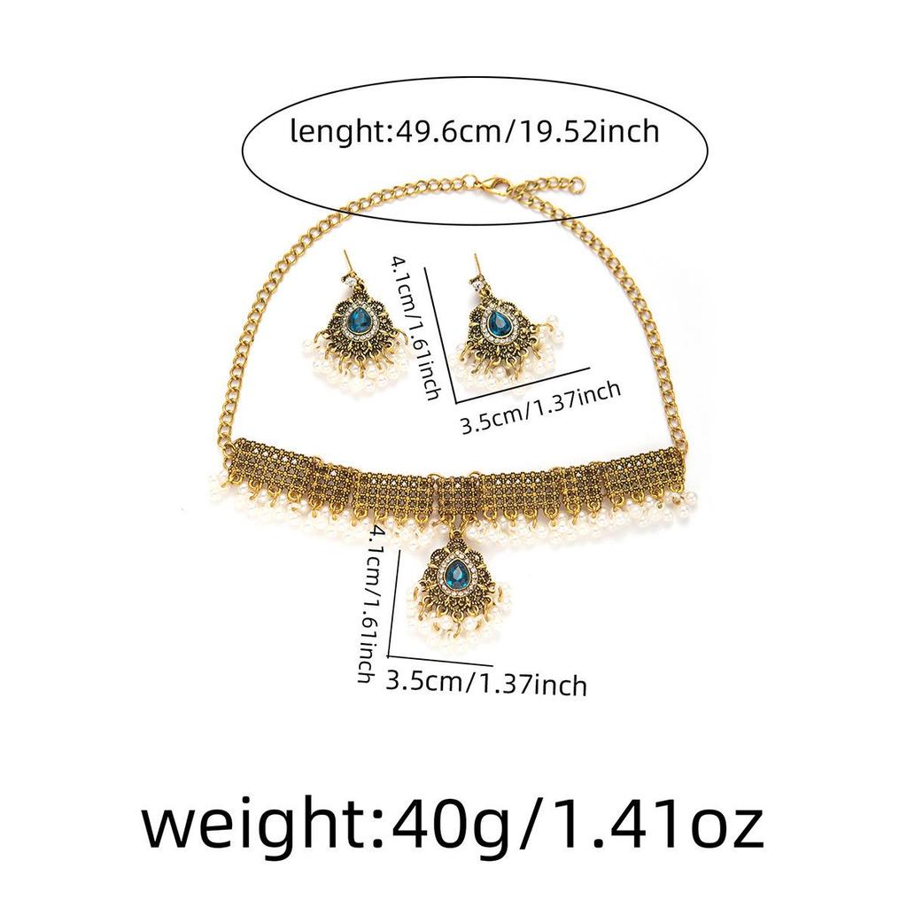 European & American Exotic Style Jewelry Set: Bohemian Clavicle Necklace with Pearls and Tassel Earrings Inlaid with Zircon Diamonds.
