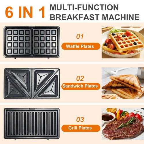 6-in-1 Waffle Maker, Electric Sandwich Press with Removable Non-Stick Plates, Panini Press for Waffles, Sandwiches, Madeleines, and Cookies