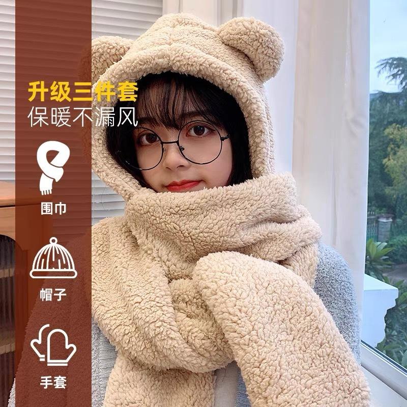 Hat Cute Winter Fox Ears Scarf Thickened Integrated Scarf Plush Winter Warm Ear Protection Autumn and Winter