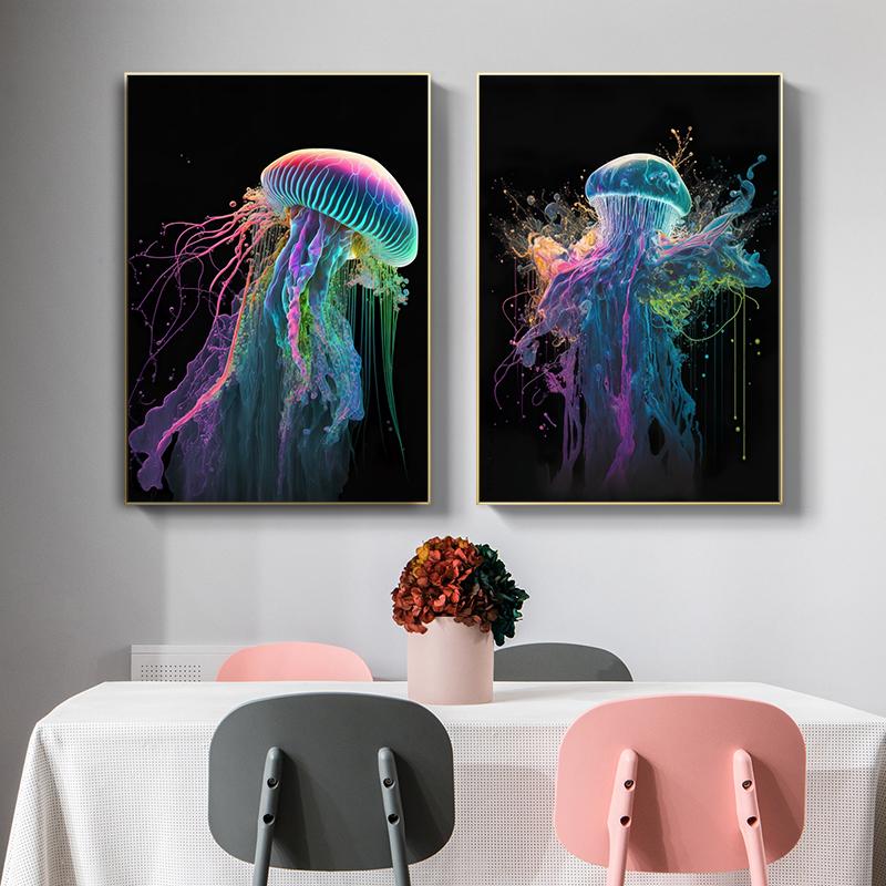Abstract Colorful Splash Jellyfish Canvas Painting Magic Sealife Posters and Prints for Living Room Porch Wall Decor NO Frame