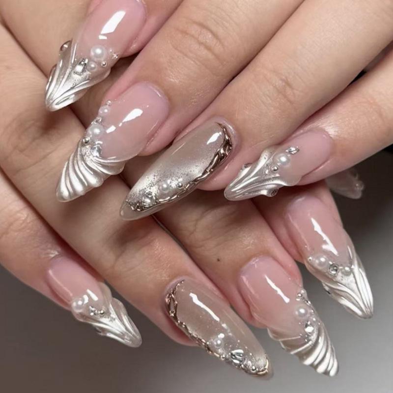 French Pastel Cat Eye 3D Wave Pearl Rhinestone Press-On Nails