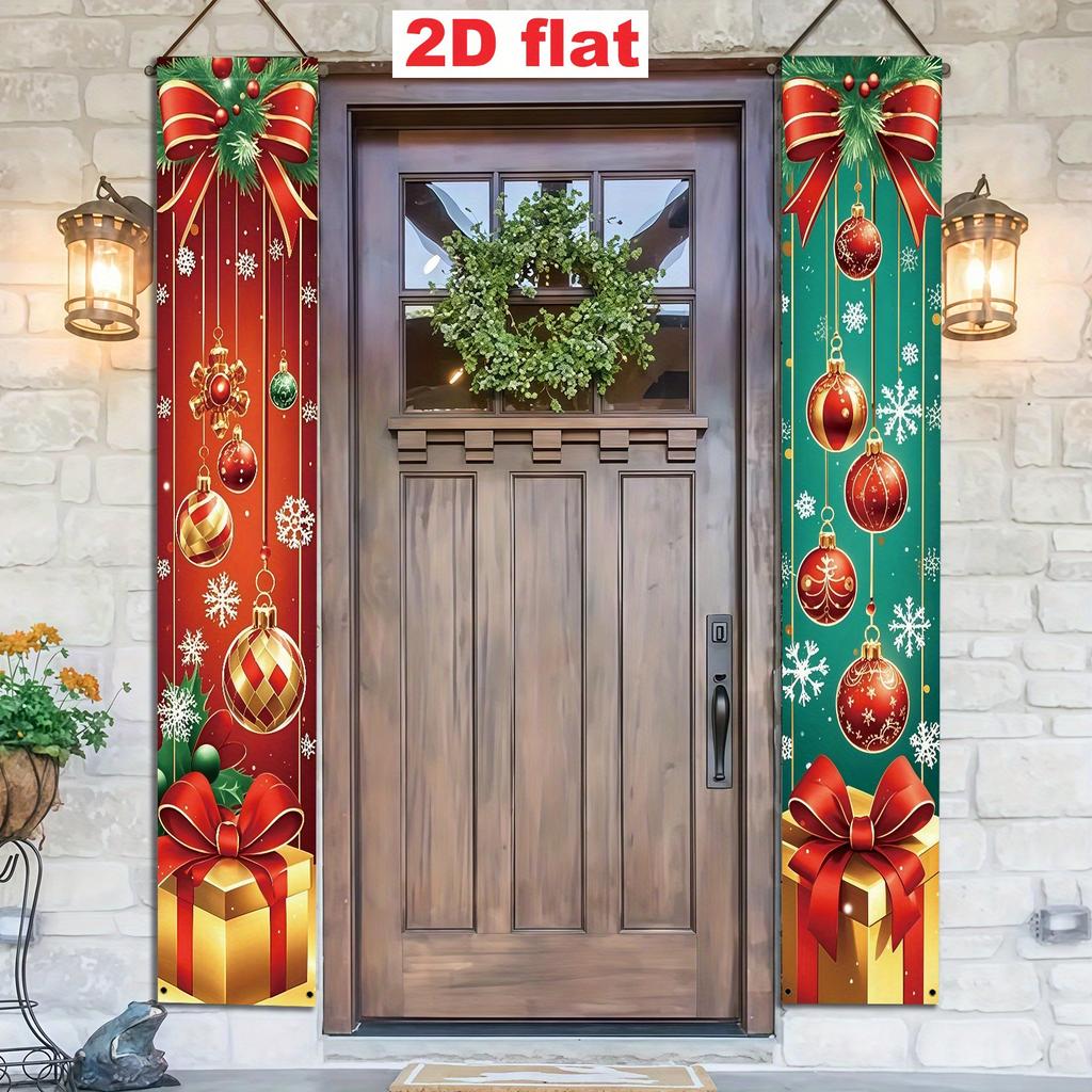 2pcs Christmas Porch Banner 30x180cm, Red Bow Christmas Ball Snowflake Design, Indoor Outdoor Couplet Hanging