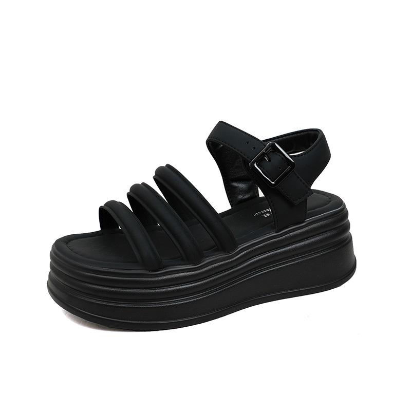 New Korean Version of Summer Temperament Sandals Women's Muffin Thick Sole One-word Buckle Casual Roman Shoes Tide Wholesale