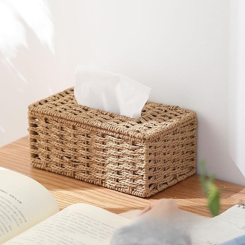 New Woven Tissue Box Imitation Rattan Woven Grass Tissue Storage Box Luxury Tissue Paper Holder Home Living RoomTable Decoration