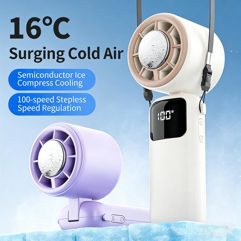 16°C Icy Cold Portable Handheld Fan Foldable Neck Hanging Fan 100 Speeds Rechargeable Mini Fan with Digital Display