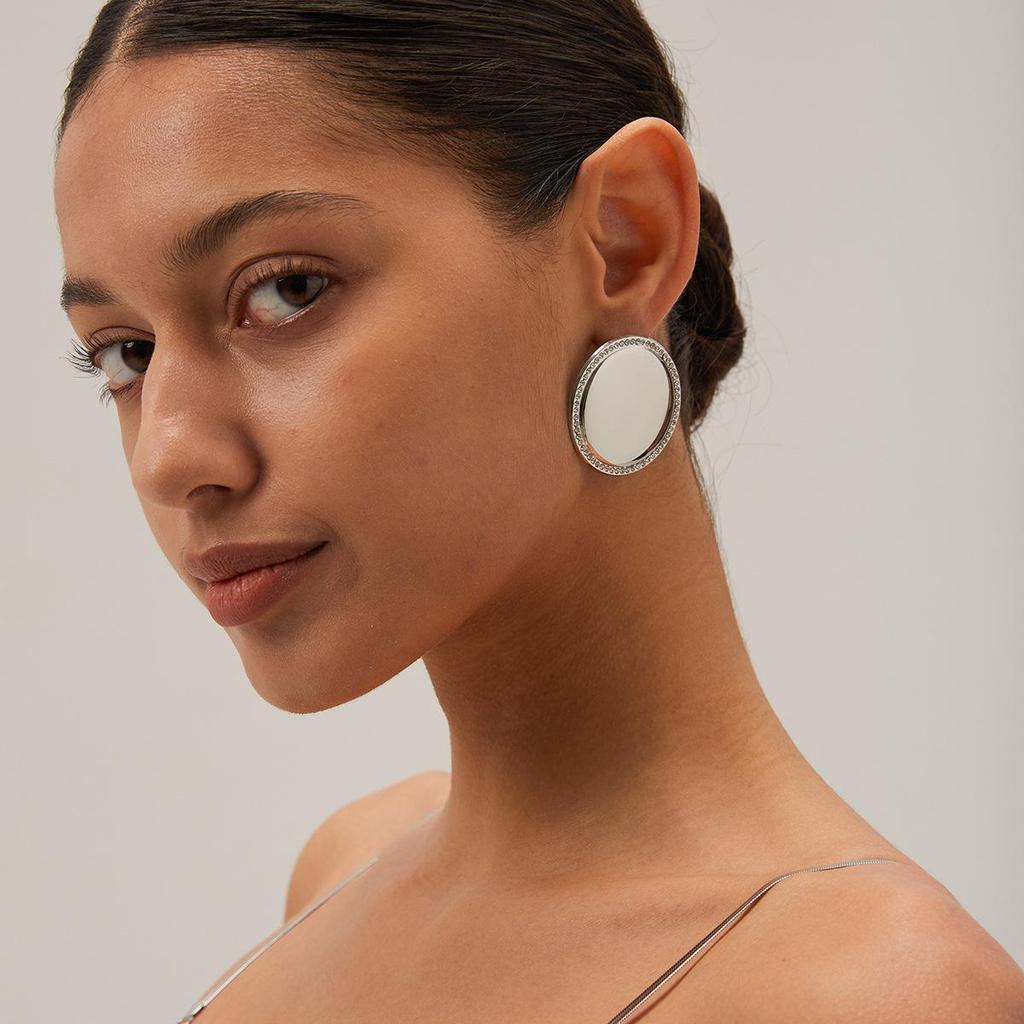 18k Gold-Plated Stainless Steel Diamond Inlaid Round Disc Earrings