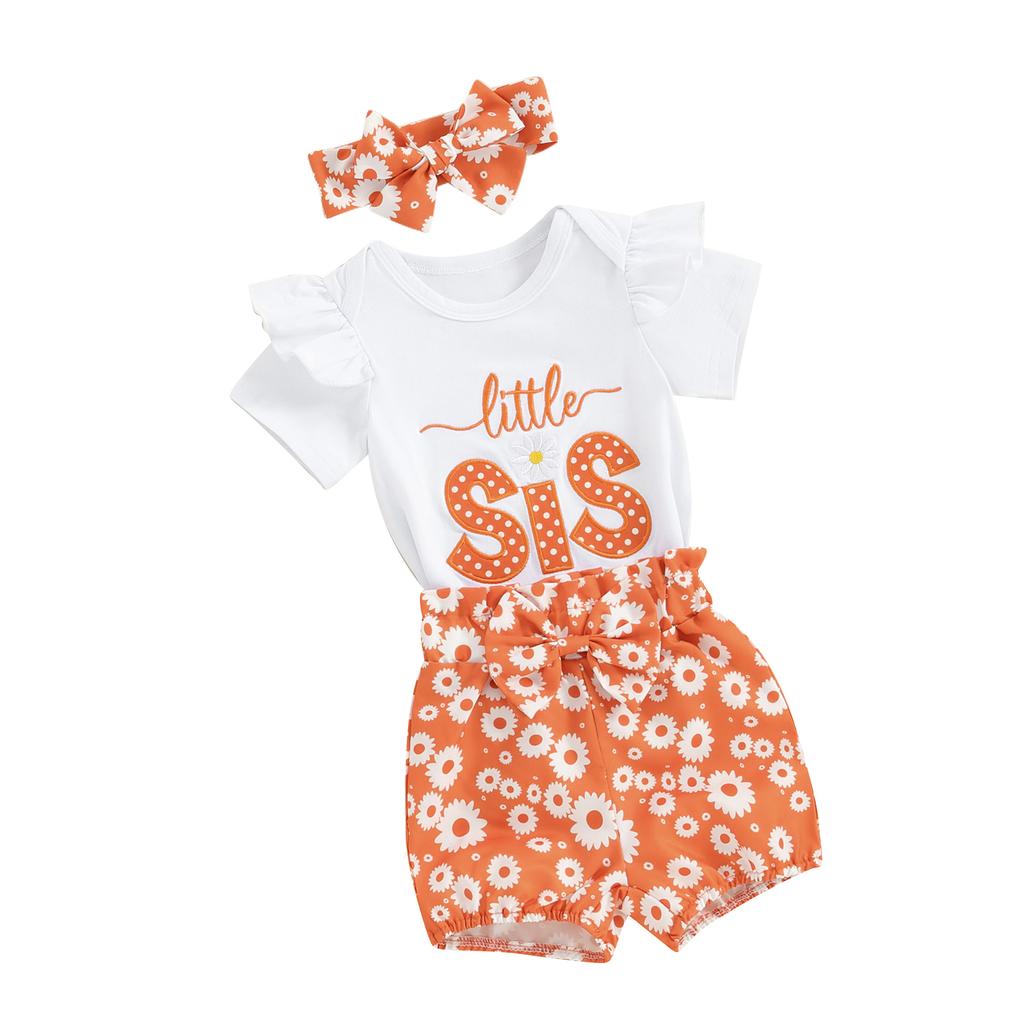 Baby Girl Summer Outfits Letter Embroidered Short Sleeve Rompers Floral Print Shorts Headband 3Pcs Clothes Set