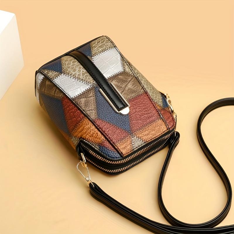 Bohemian Mobile Phone Bag, Retro Mini Crossbody Bag, Colorblock Rhombus Pattern Shoulder Purse