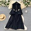 Spring Summer Women Luxury Metal Button Black Chiffon Holiday Beach Mid-calf Dresses with Belt