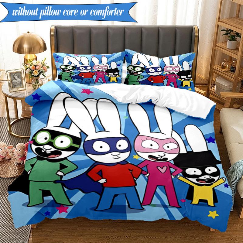 3PCS Simon the Rabbit Adventures Bedding Set 2D Printing (Includes 1 Duvet Cover + 2 Pillowcases Coreless), Bedroom decor,Fan gift