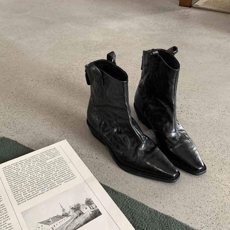 Версия из овчины~ женские ковбойские ботинки с острым V-образным вырезом, ботильоны Челси в стиле ретро с плиссировкой, на толстом каблуке, кожаные короткие ботинки