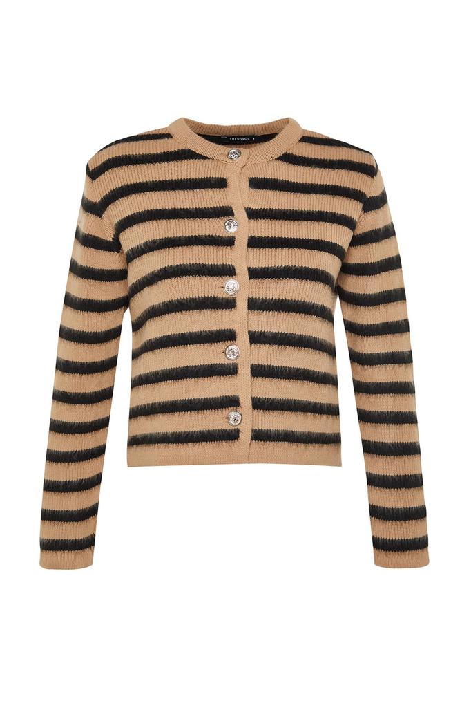 Women's Fashion Stylish Cardigan Navy Blue Soft Textured Striped Jacket Look Knitwear Cardigan