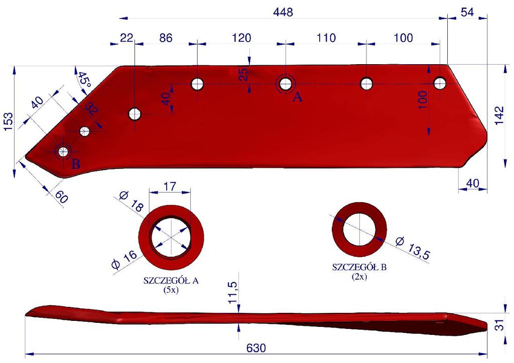 Euro blade left 18" application Kverneland Plough boron steel Waryński